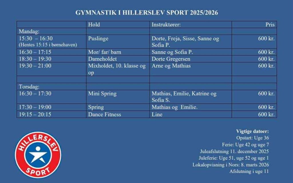 Oversigt for planlagte hold for sæson 2025-2026